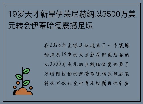 19岁天才新星伊莱尼赫纳以3500万美元转会伊蒂哈德震撼足坛 19岁天才新星伊莱尼赫纳以3500万美元转会伊蒂哈德震撼足坛